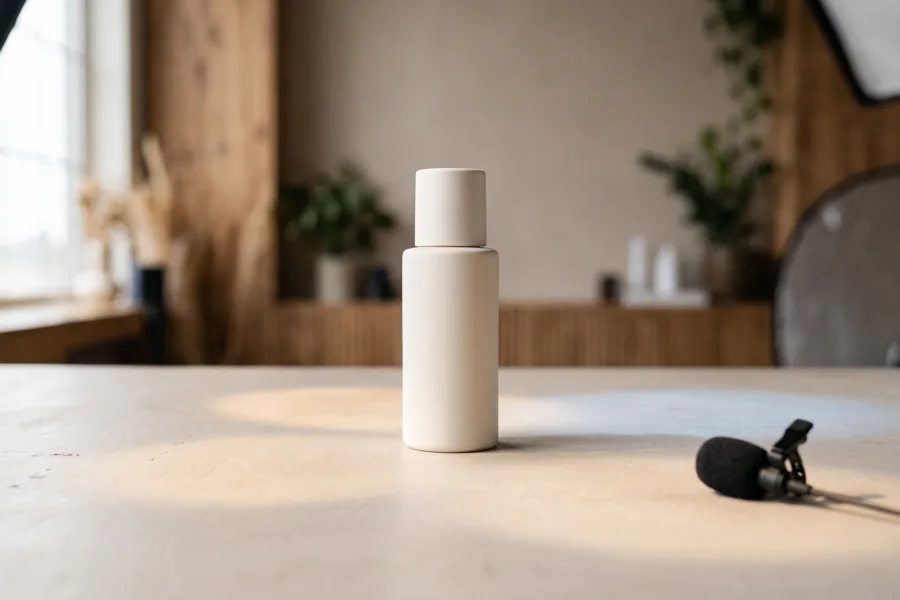 Blank skincare bottle beside a small microphone in a warm studio setting