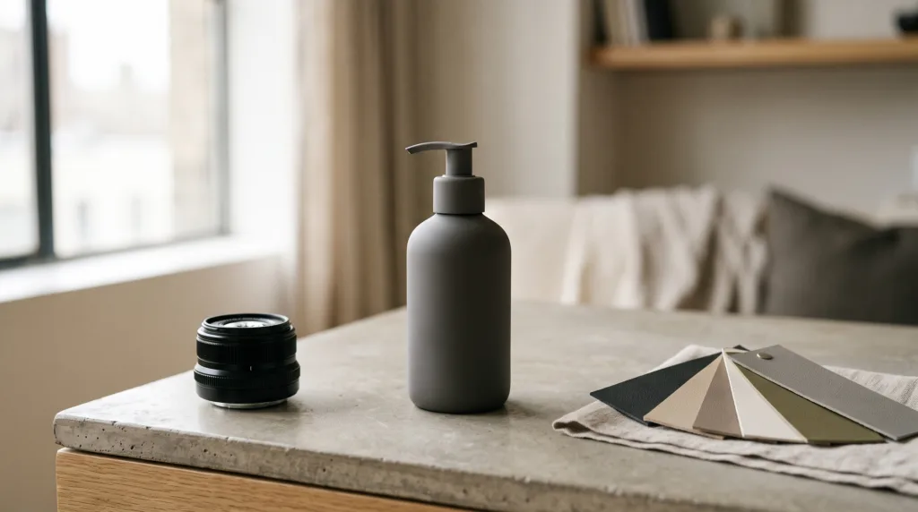 Blank product bottle beside a camera lens and neutral material swatches on a studio table