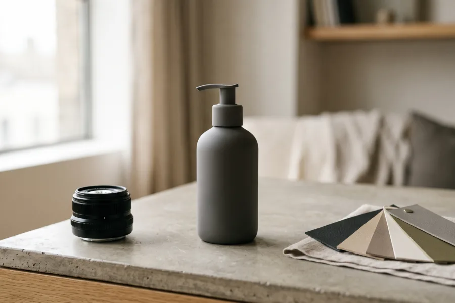 Blank product bottle beside a camera lens and neutral material swatches on a studio table