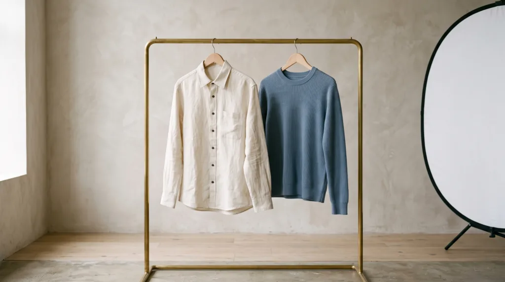 Cream linen shirt and blue knit top on a brass clothing rack in a daylight studio