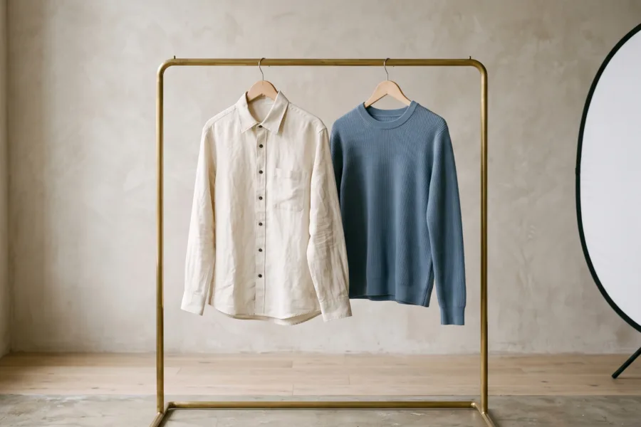 Cream linen shirt and blue knit top on a brass clothing rack in a daylight studio