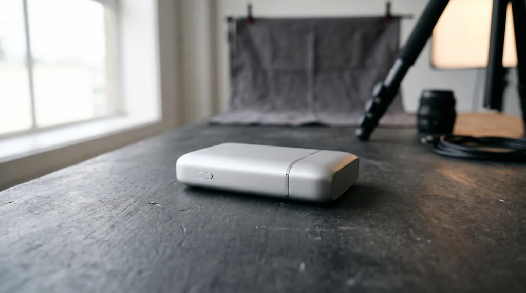 Unbranded silver gadget on a dark studio table beside photography equipment