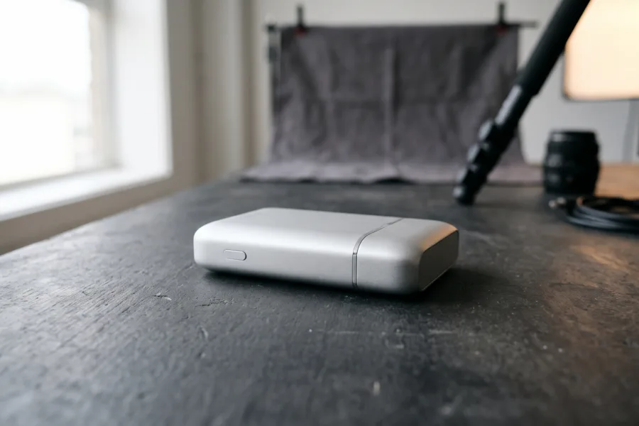 Unbranded silver gadget on a dark studio table beside photography equipment