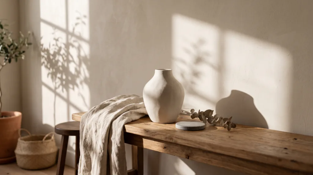 Sunlit ceramic vase and linen throw styled on a wooden console