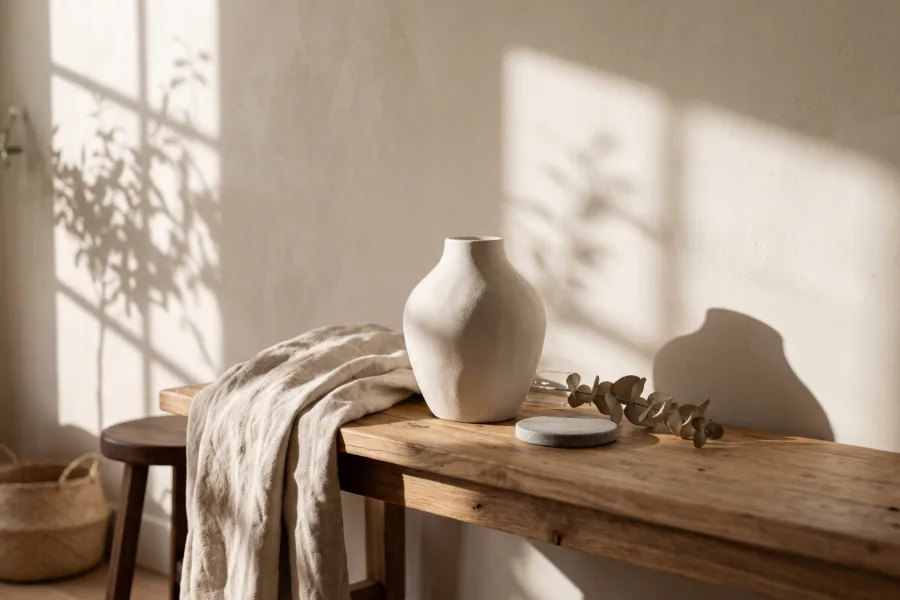 Sunlit ceramic vase and linen throw styled on a wooden console
