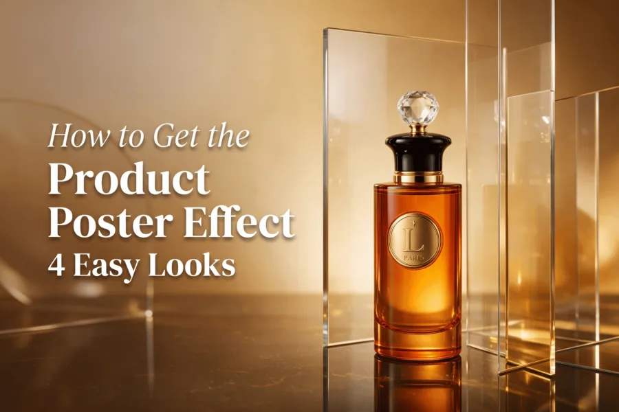 Product poster effect with an amber perfume bottle and glass panels