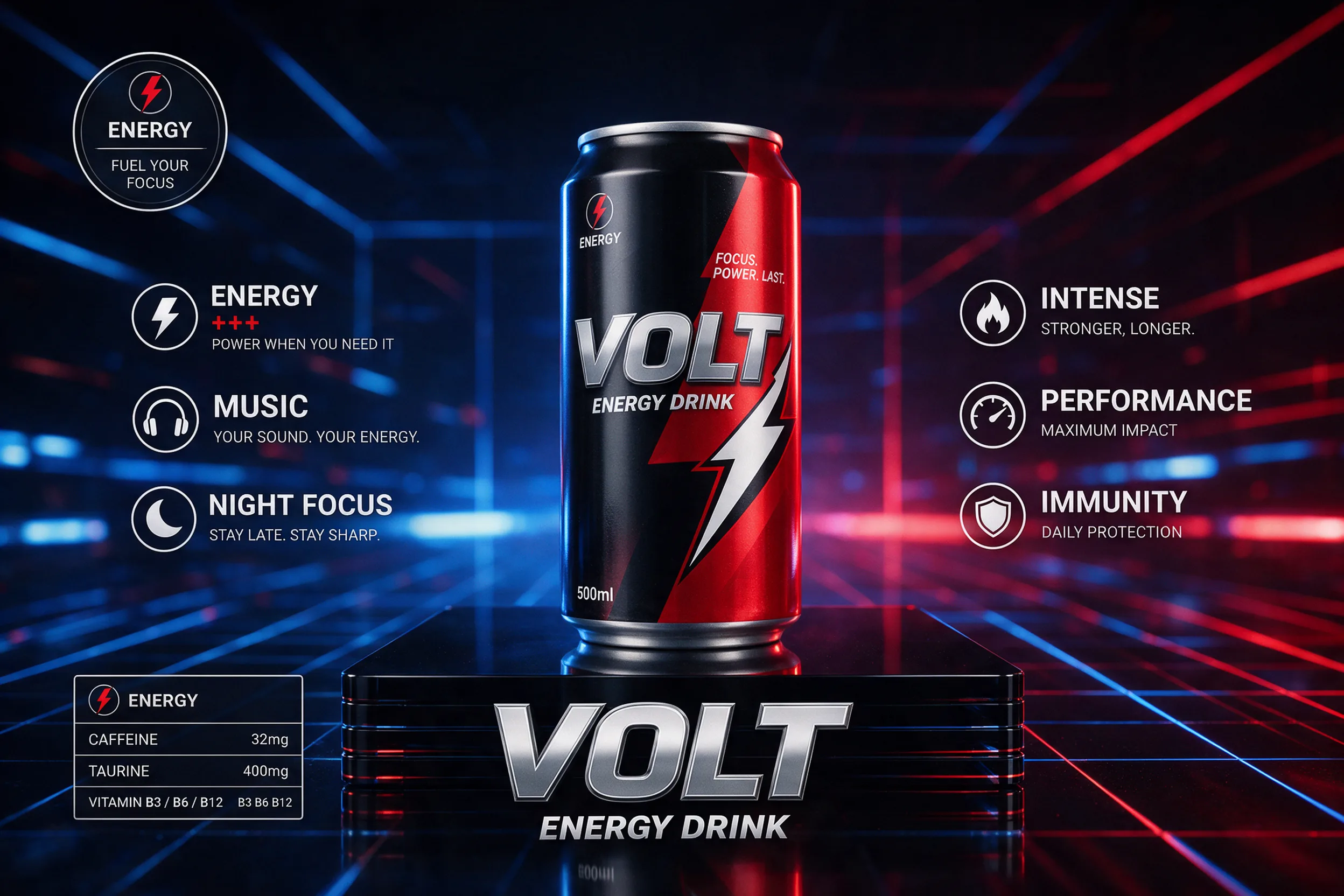 Product poster effect with an energy drink can in red and blue neon light