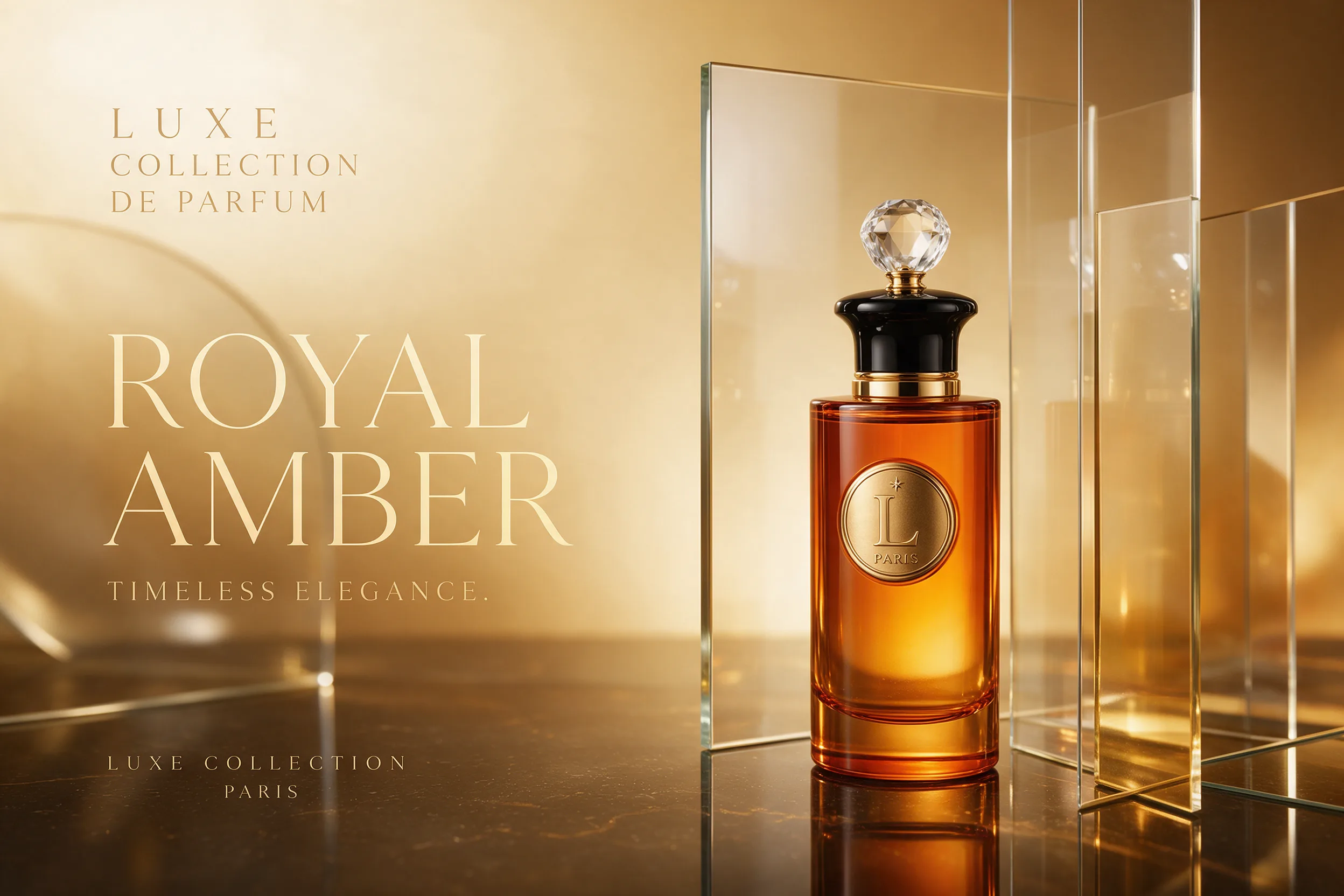 Product poster effect with an amber perfume bottle and glass panels