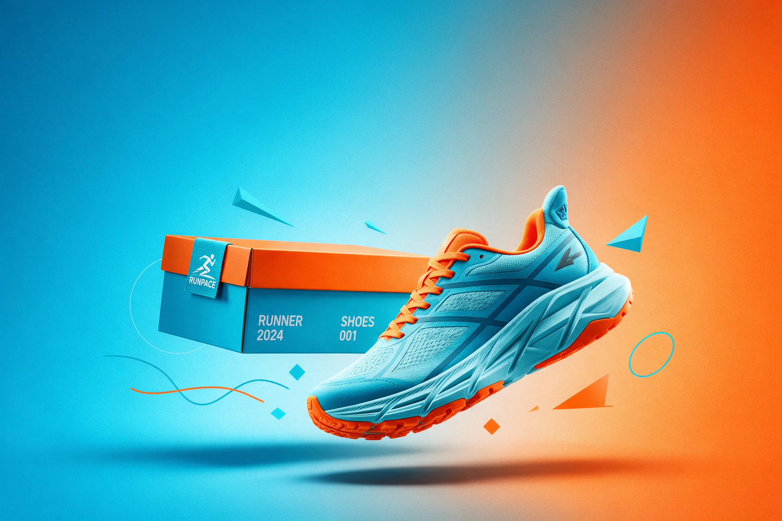 Product poster effect with a running shoe against cyan and orange gradients