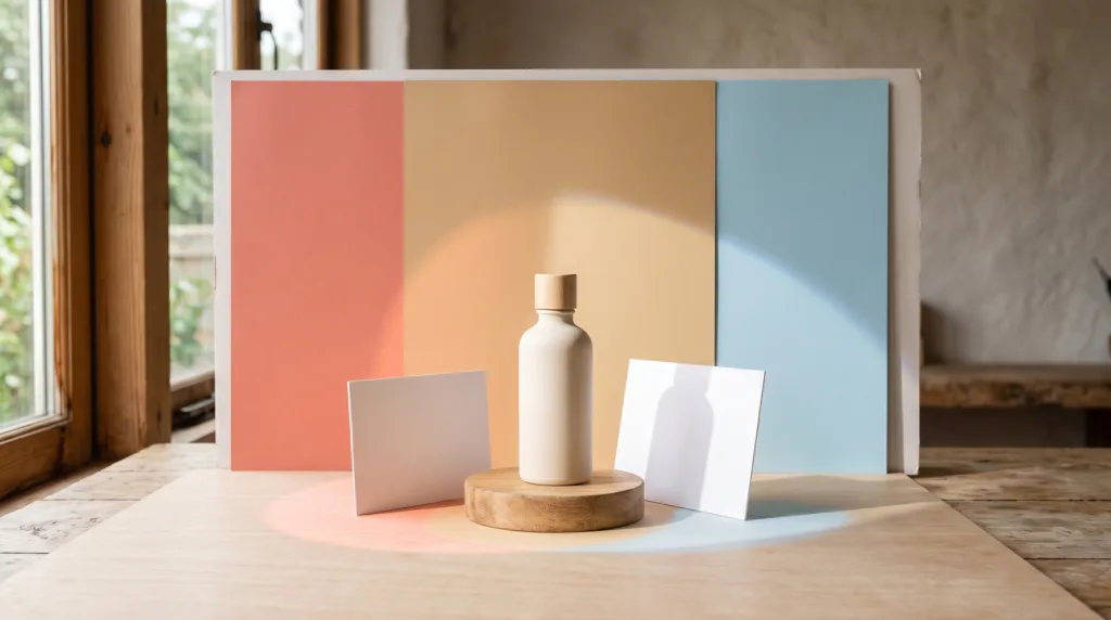 Unbranded cream bottle on a wooden pedestal with coral, sand and blue backdrops in a sunlit tabletop studio
