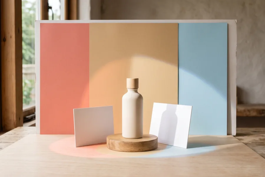 Unbranded cream bottle on a wooden pedestal with coral, sand and blue backdrops in a sunlit tabletop studio