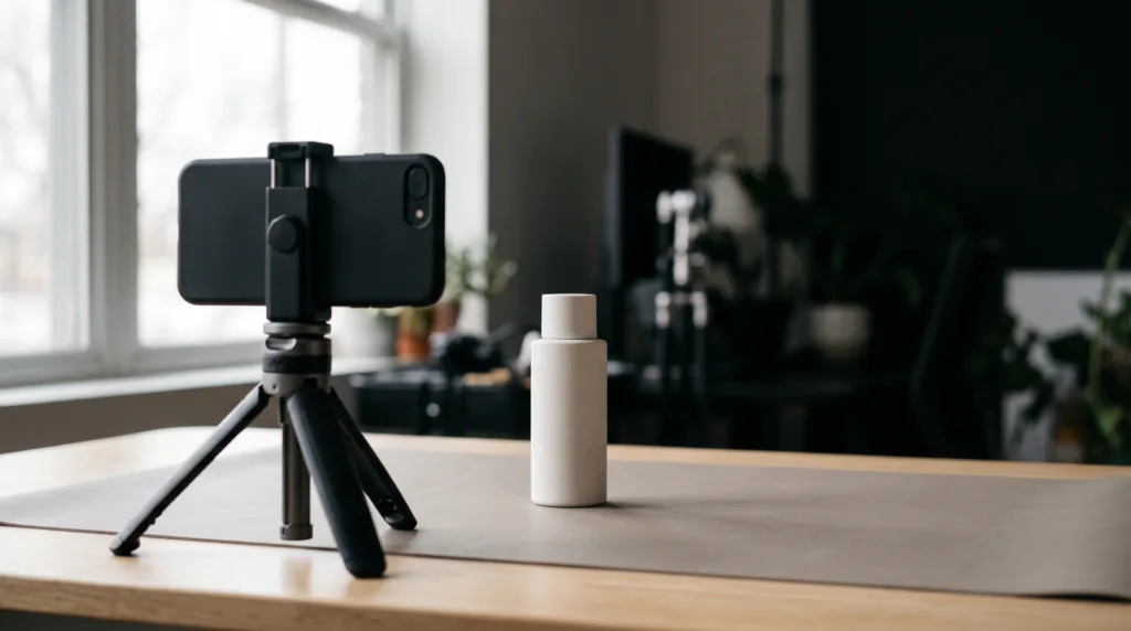 Smartphone on a tabletop tripod facing an unlabelled white product bottle in natural window light