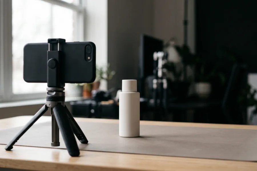 Smartphone on a tabletop tripod facing an unlabelled white product bottle in natural window light