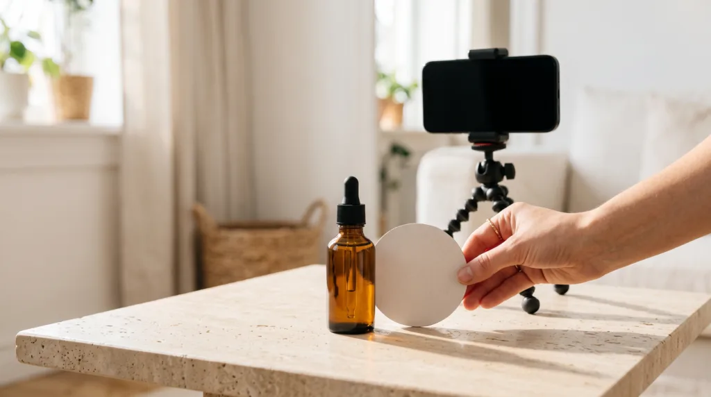 Amber skincare bottle being staged with a reflector beside a phone on a tripod