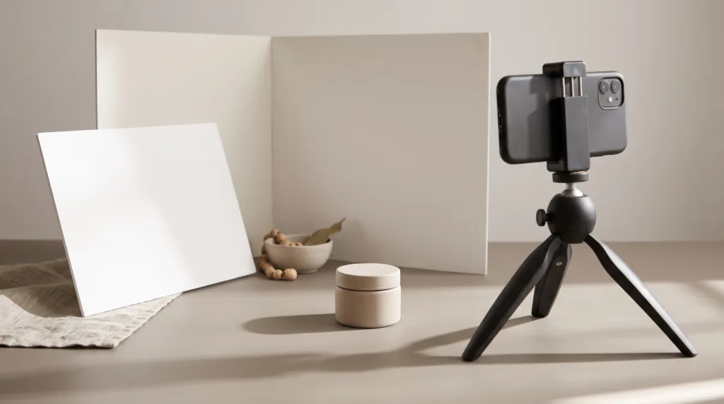 Phone on a tripod filming an unbranded product jar in a neutral tabletop studio