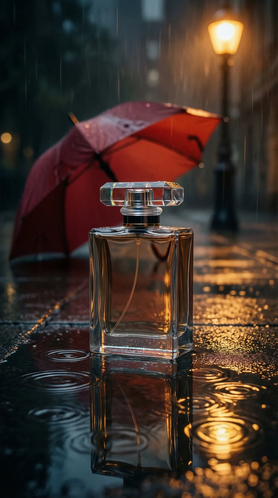 rain slick product effect — clear perfume bottle with amber reflections and a blurred red umbrella