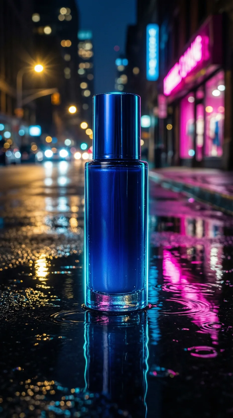 rain slick product effect — cobalt serum bottle on wet pavement with blue and magenta light