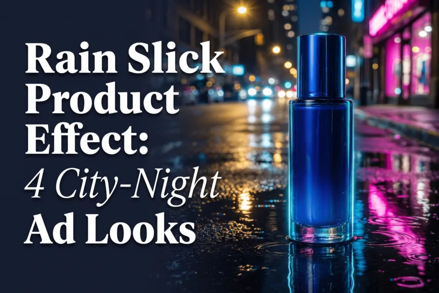 Rain slick product effect cover with a blue bottle on wet neon-lit pavement