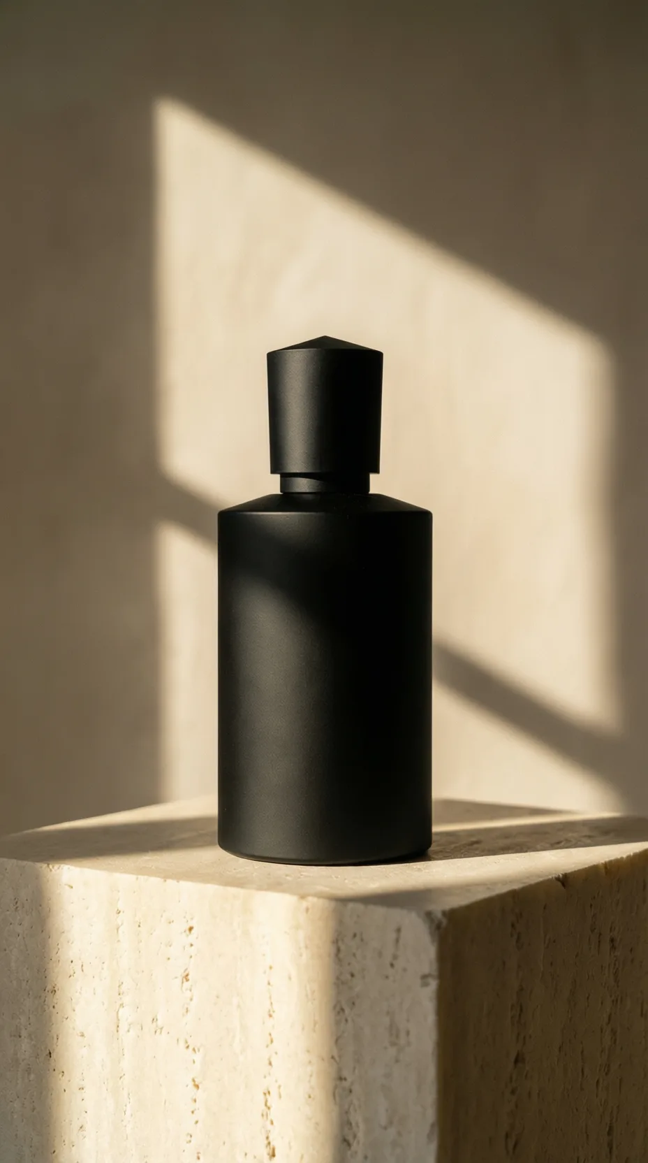shadow play product ads — dark fragrance bottle beside a sharp window shadow