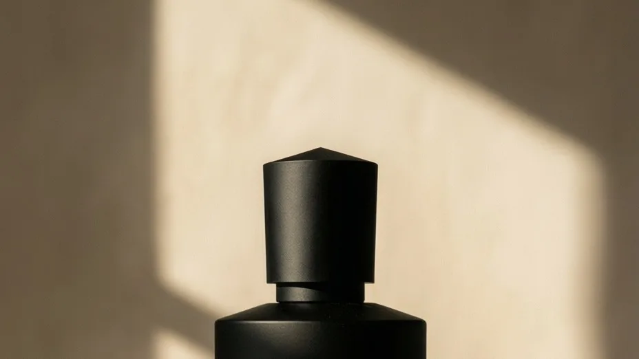 Matte black fragrance bottle framed by a hard window shadow