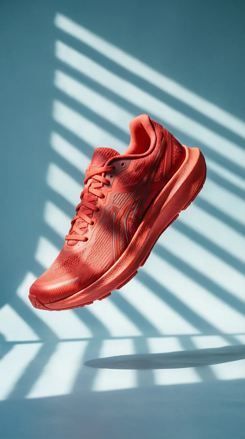 shadow play product ads — coral running shoe under diagonal striped shadows