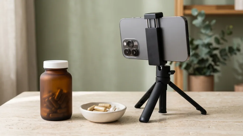 Unlabeled amber supplement bottle and capsules beside a smartphone on a tabletop tripod