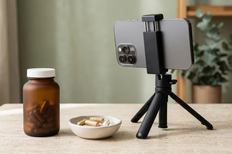 Unlabeled amber supplement bottle and capsules beside a smartphone on a tabletop tripod