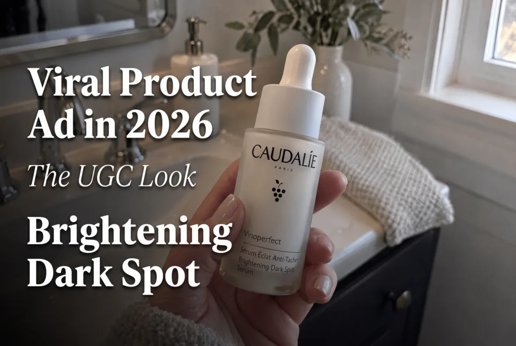 Viral product ad 2026 cover with a hand holding brightening serum in a bathroom