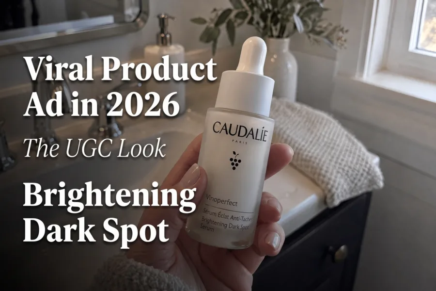 Viral product ad 2026 cover with a hand holding brightening serum in a bathroom