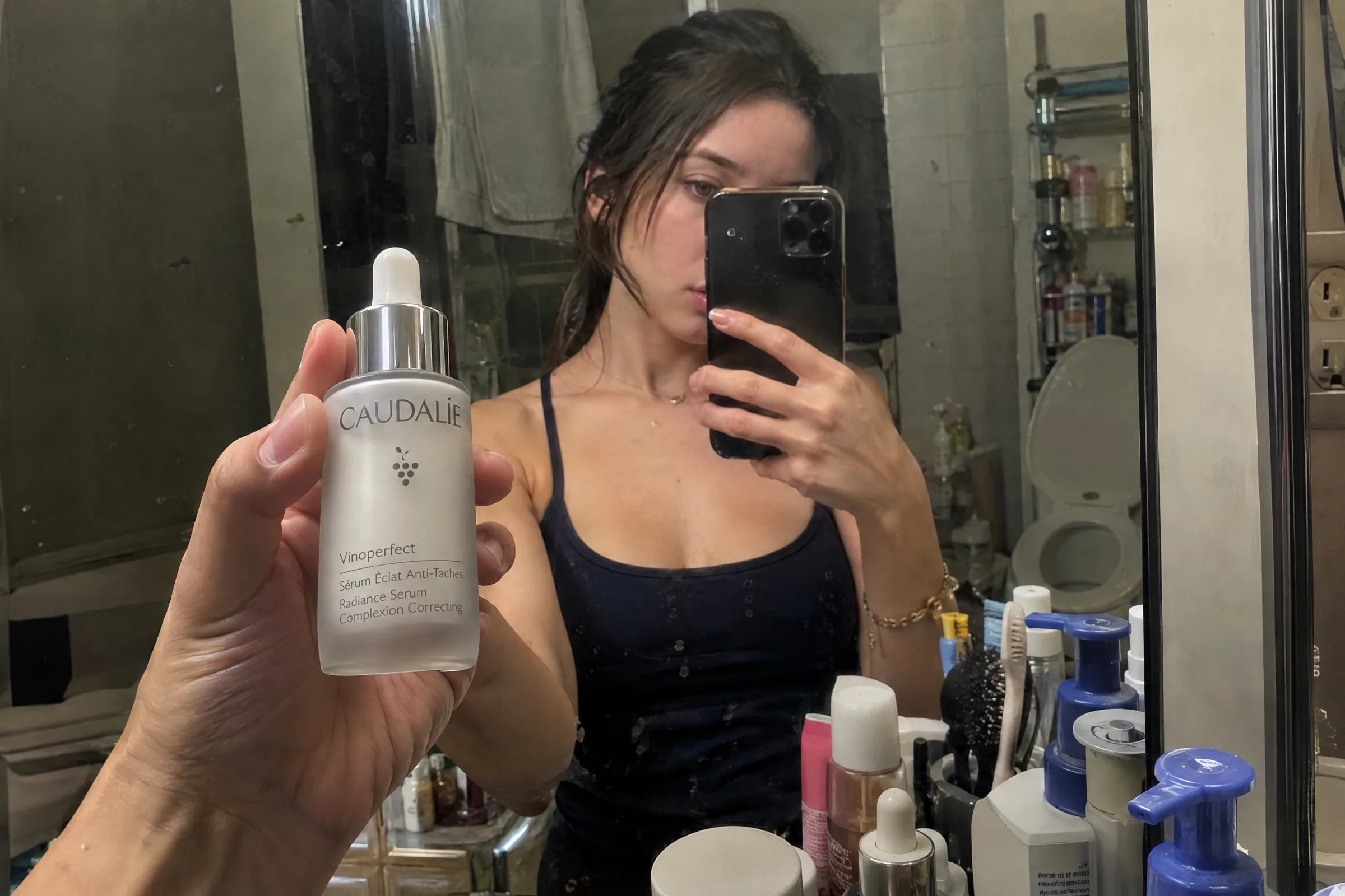 viral product ad 2026 — creator-style mirror scene with a serum bottle