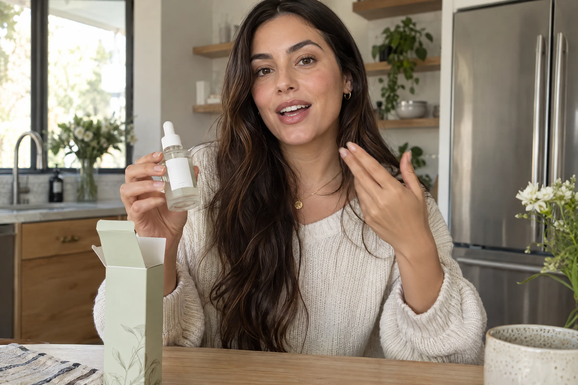 viral product ad 2026 — casual serum unboxing on a kitchen table